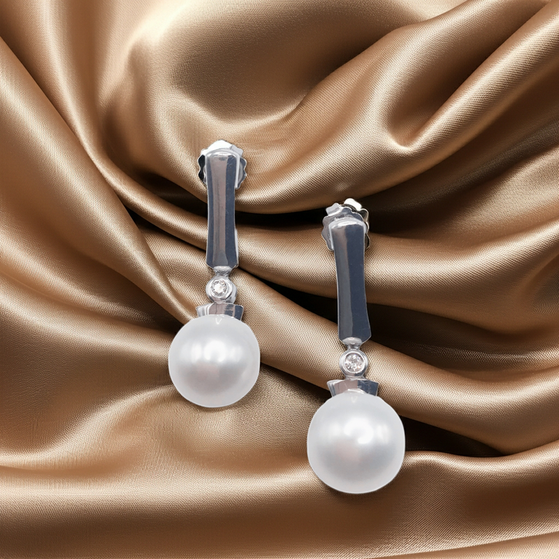 18 KT Gold Diamond and Button Pearl Drop Earrings