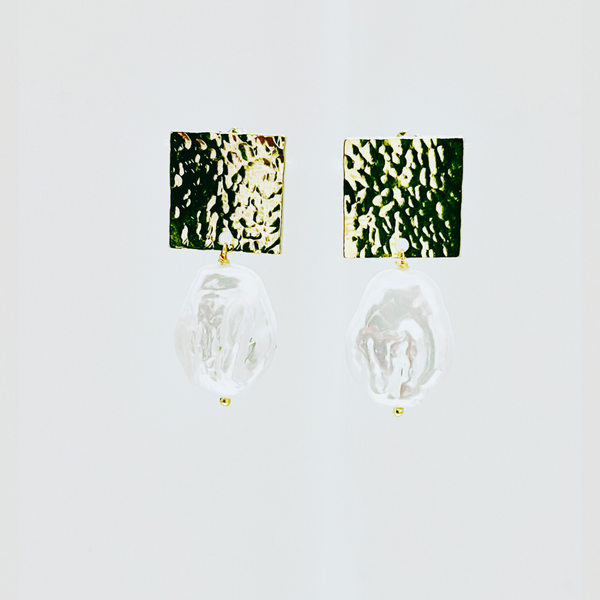Gold Square Baroque Drop Earrings