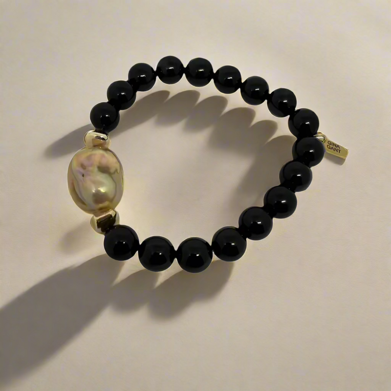 Black Onyx & Metallic Baroque Pearl Bracelet