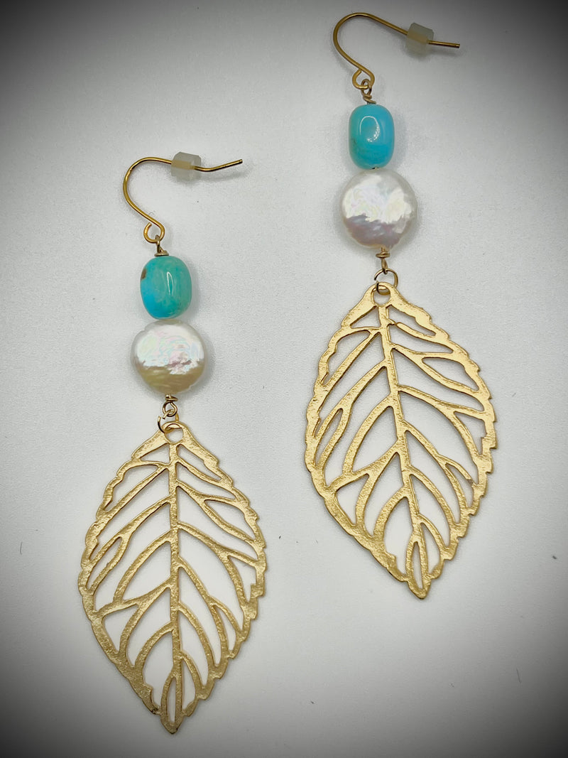 Coin Pearl & Turquoise Leaf Earrings