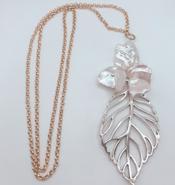 Pearl Leaf Lariat Necklace