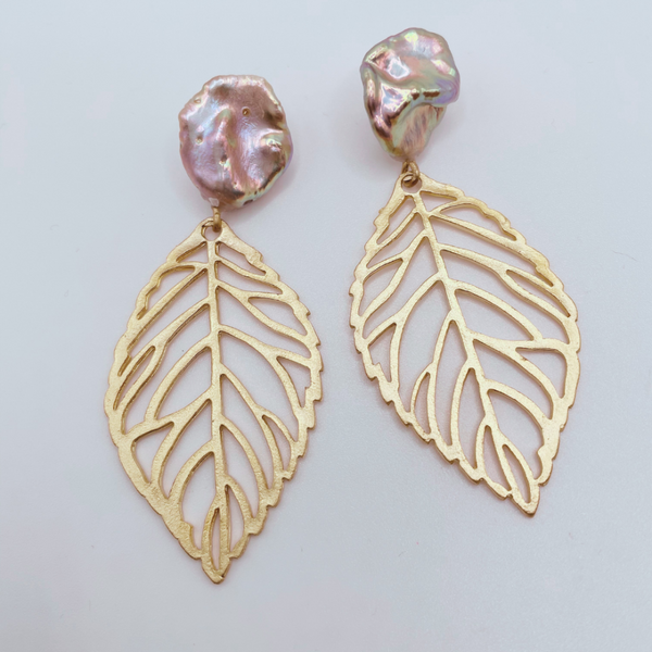 Baroque Keshi Fireball Pearl and Leaf Drop Earrings